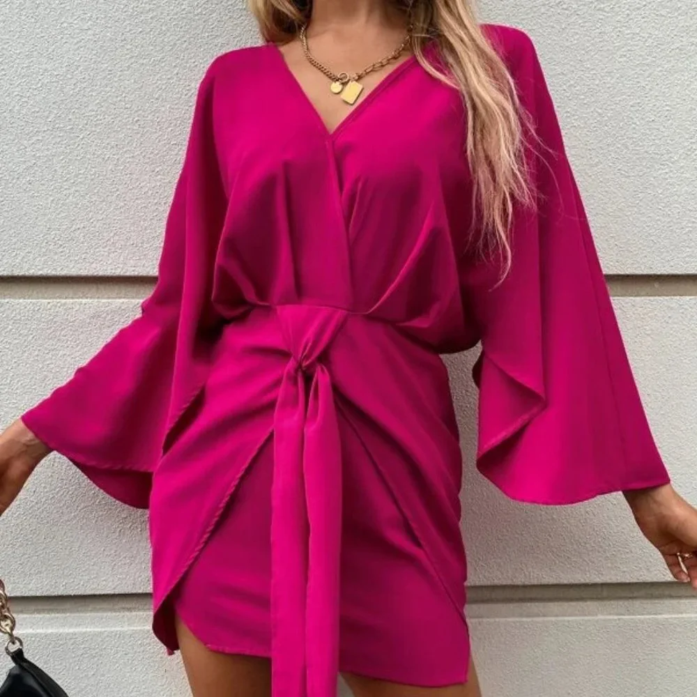 Barbie Hot Pink Knot Front Flounce Sleeve Mini Dress_4